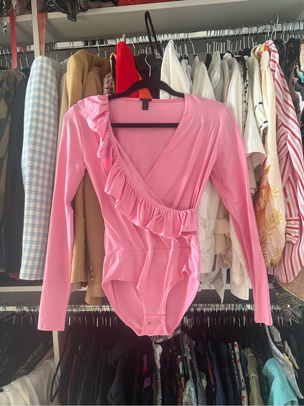 J. Crew Pink Ruffle Wrap-Front Long Sleeve Bodysuit